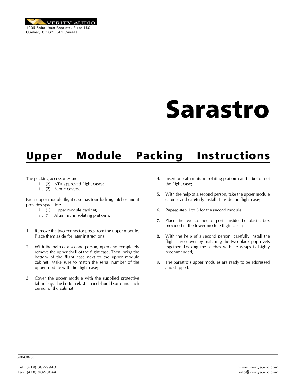 Verity Audio Sarastro IIS - Packing / Unpacking Instructions for Monitor User Manual | 2 pages