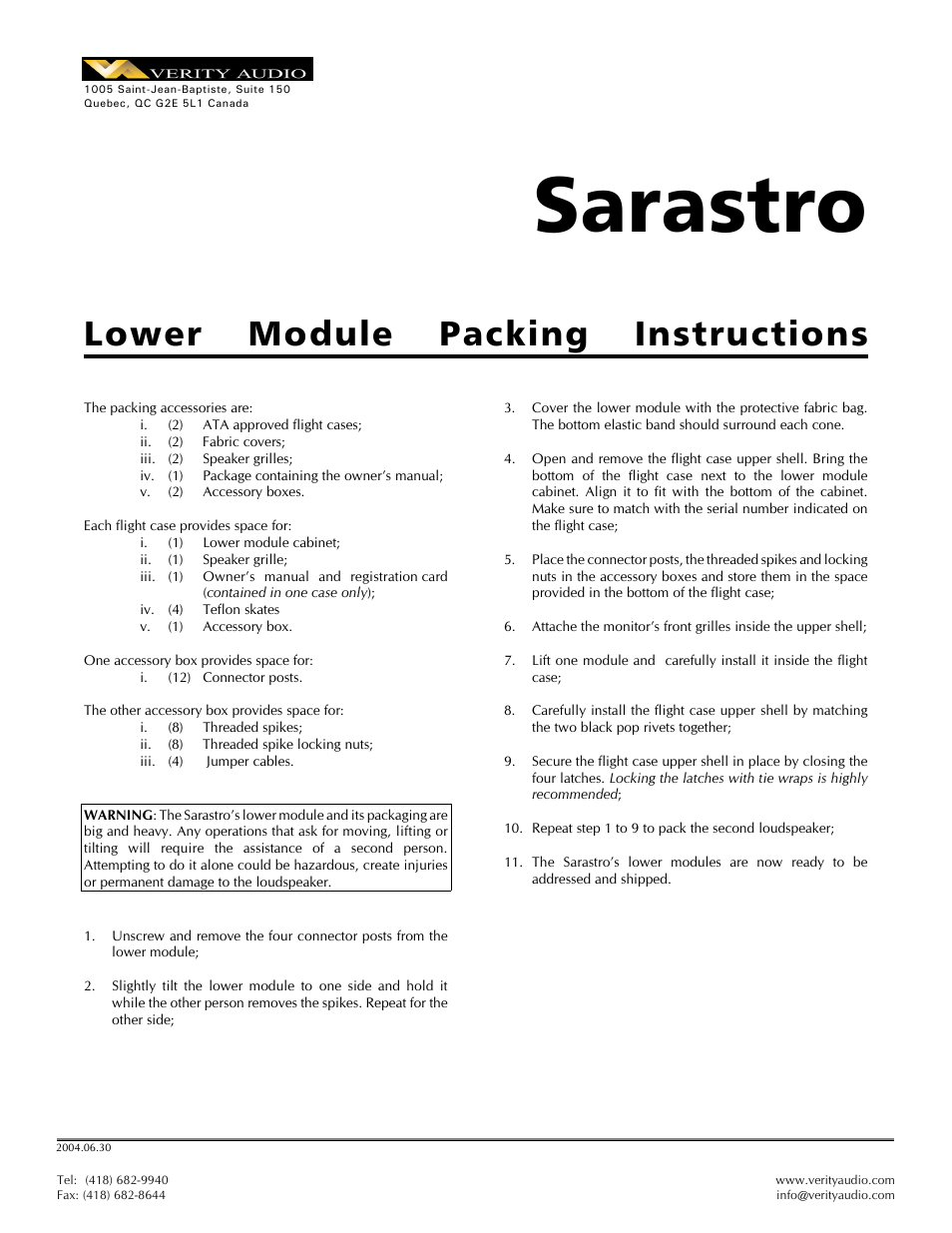 Verity Audio Lohengrin IIS - Packing / Unpacking Instructions for Woofer User Manual | 2 pages