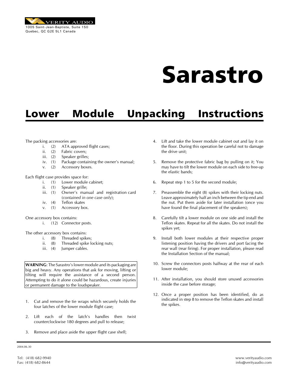 Sarastro, Lower module unpacking instructions | Verity Audio Lohengrin IIS - Packing / Unpacking Instructions for Woofer User Manual | Page 2 / 2