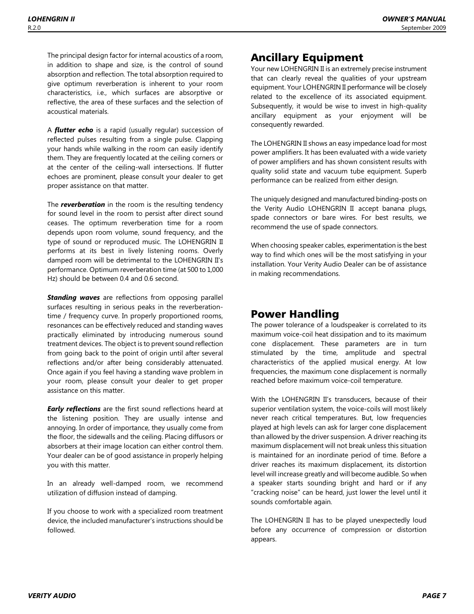 Ancillary equipment, Power handling | Verity Audio Lohengrin IIS User Manual | Page 7 / 12