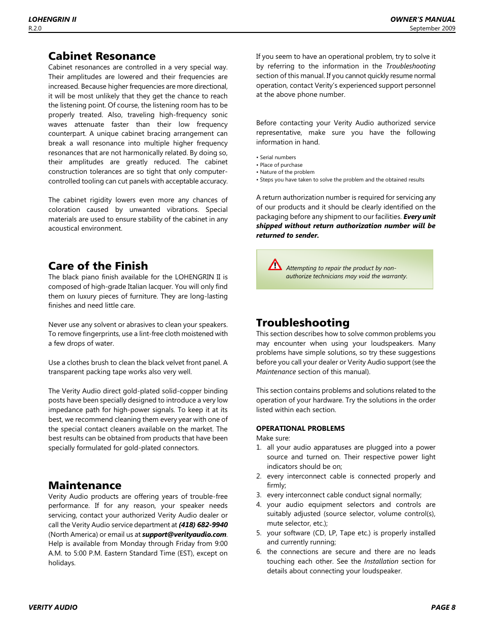 Cabinet resonance, Care of the finish, Maintenance | Troubleshooting | Verity Audio Lohengrin IIS User Manual | Page 8 / 12