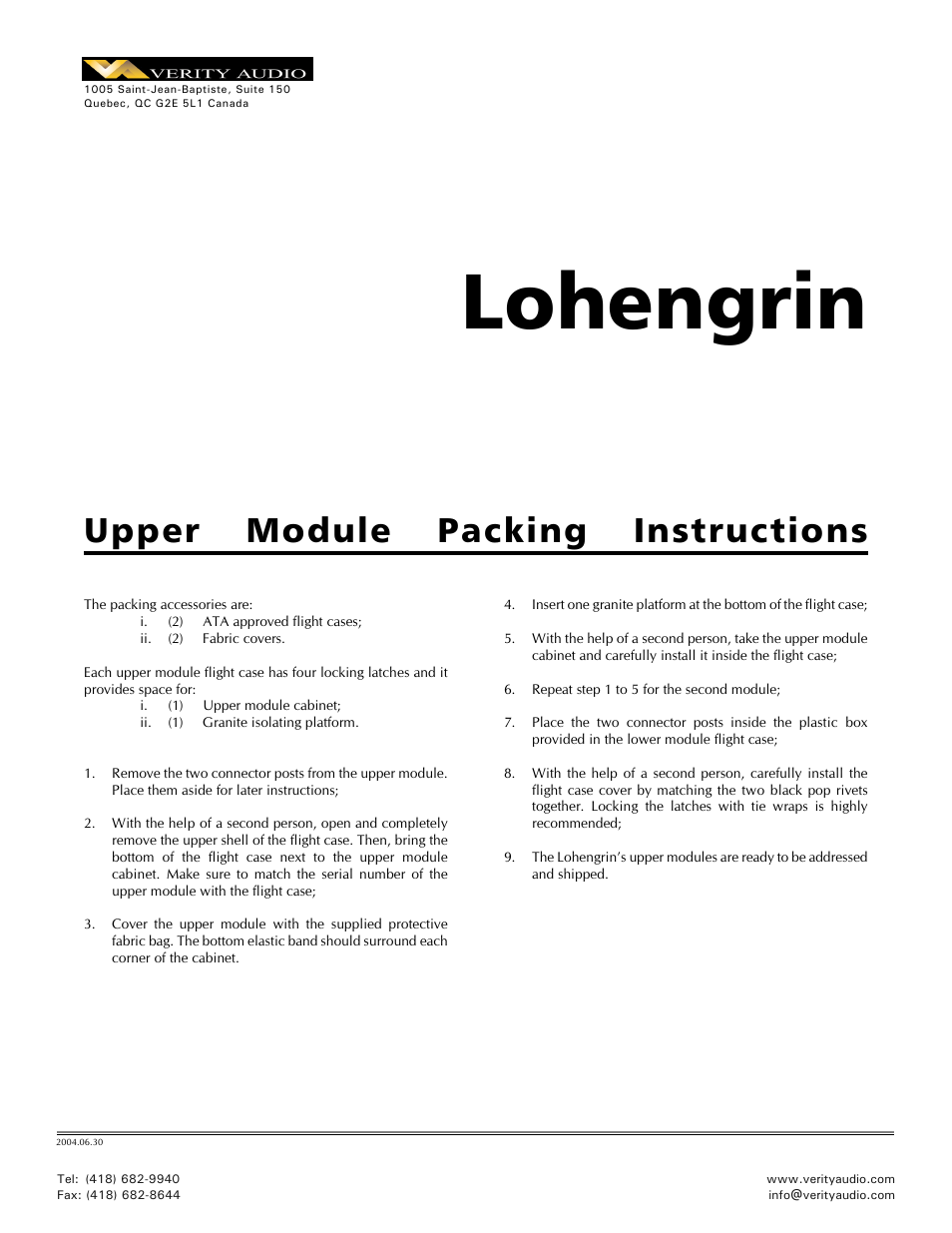 Verity Audio Lohengrin IIS - Packing / Unpacking Instructions for Monitor User Manual | 2 pages