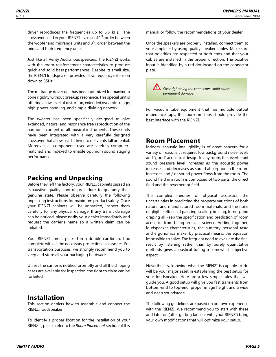 Packing and unpacking, Installation, Room placement | Verity Audio Rienzi User Manual | Page 5 / 12