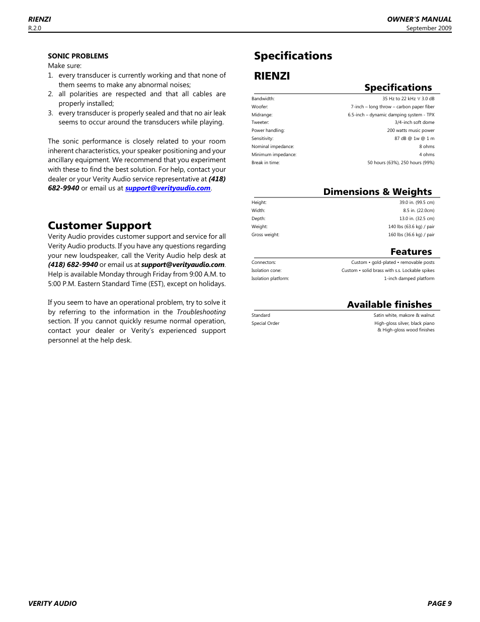 Customer support, Specifications, Rienzi | Dimensions & weights, Features, Available finishes | Verity Audio Rienzi User Manual | Page 9 / 12