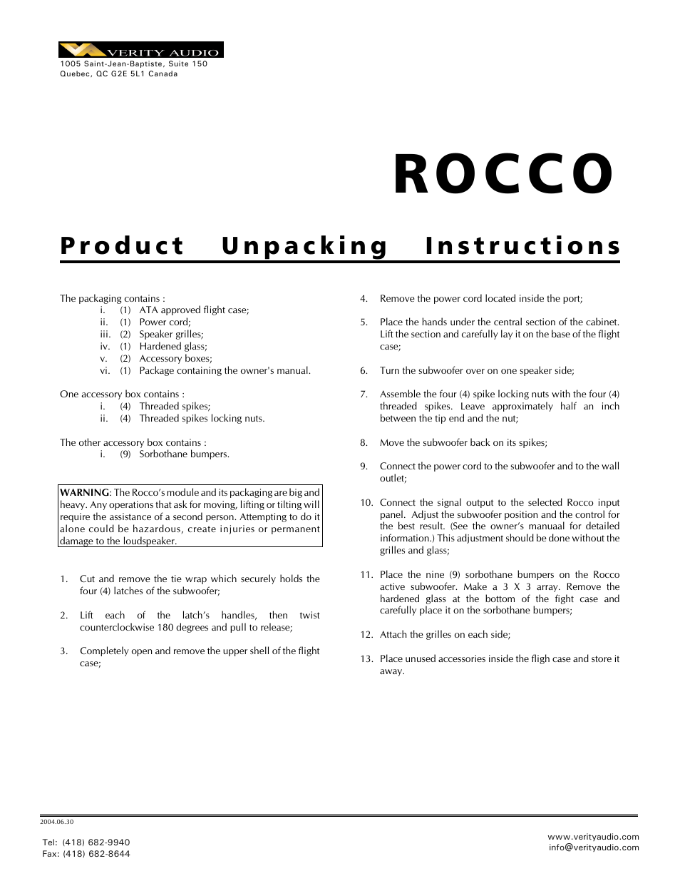 Verity Audio Rocco - Packing / Unpacking Instructions User Manual | 2 pages