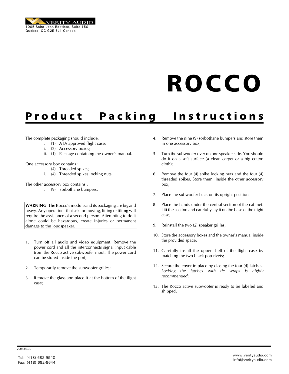 Rocco | Verity Audio Rocco - Packing / Unpacking Instructions User Manual | Page 2 / 2