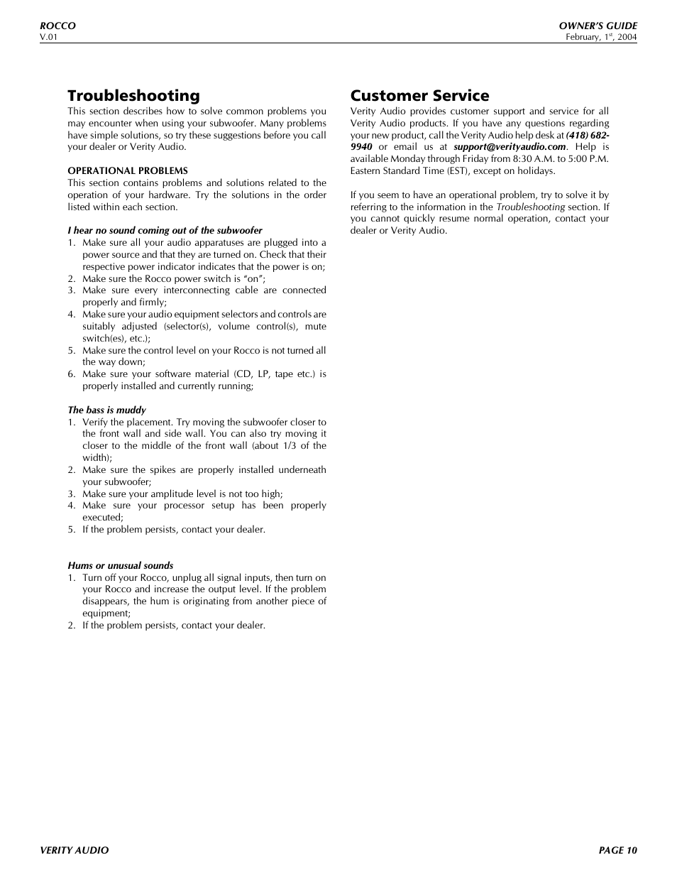 Troubleshooting, Customer service | Verity Audio Rocco User Manual | Page 10 / 13