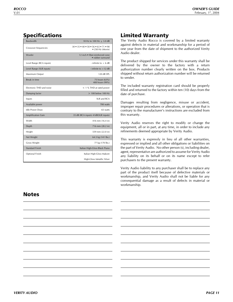 Specifications, Limited warranty | Verity Audio Rocco User Manual | Page 11 / 13