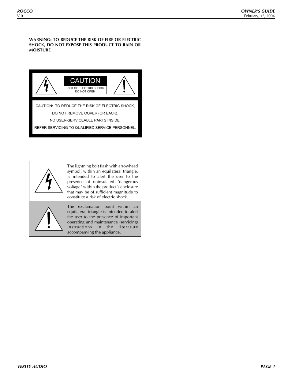 Caution | Verity Audio Rocco User Manual | Page 4 / 13