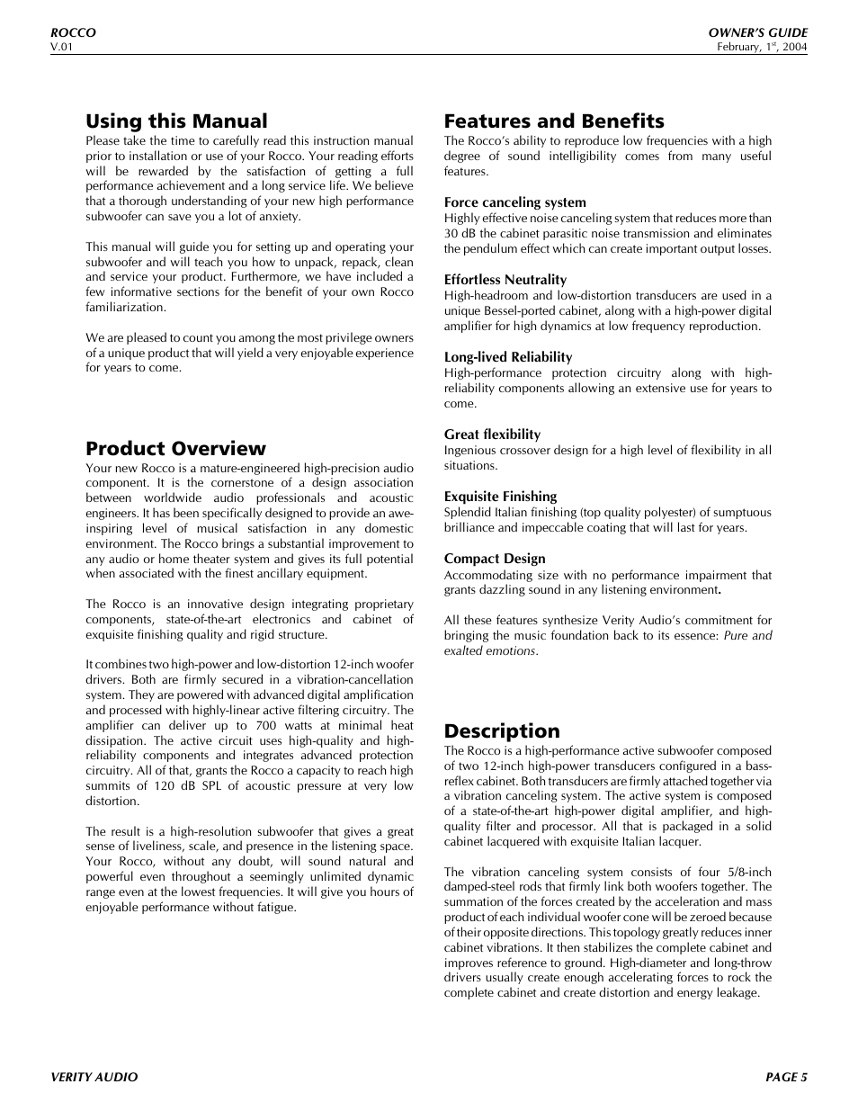 Using this manual, Product overview, Features and benefits | Description | Verity Audio Rocco User Manual | Page 5 / 13