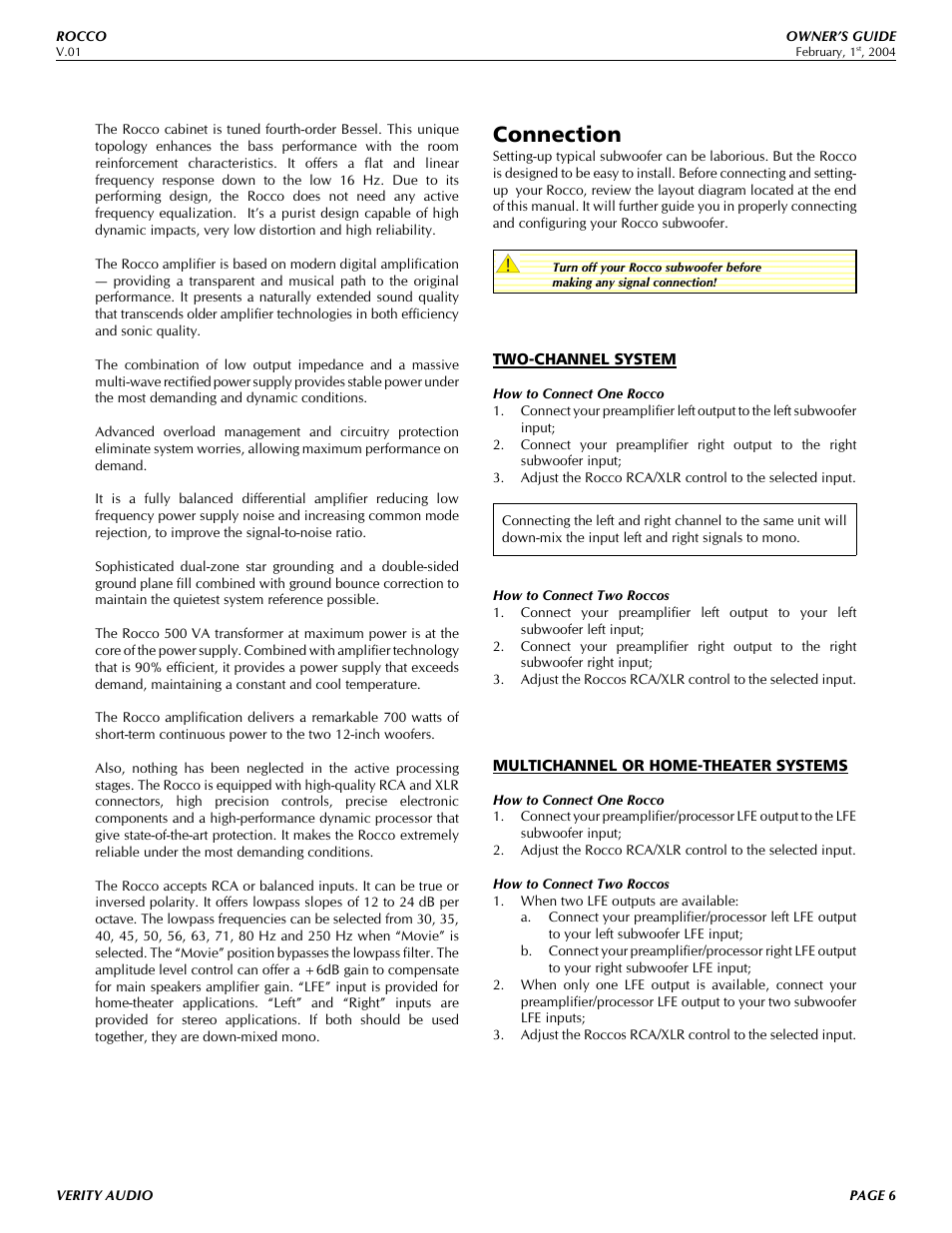 Connection | Verity Audio Rocco User Manual | Page 6 / 13