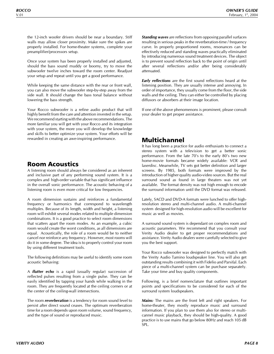 Room acoustics, Multichannel | Verity Audio Rocco User Manual | Page 8 / 13
