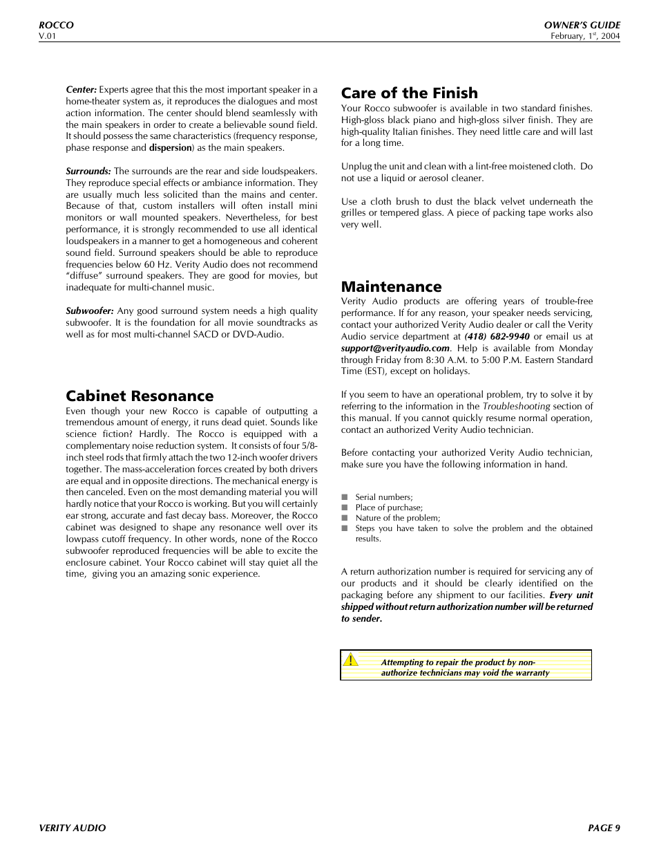 Cabinet resonance, Care of the finish, Maintenance | Verity Audio Rocco User Manual | Page 9 / 13