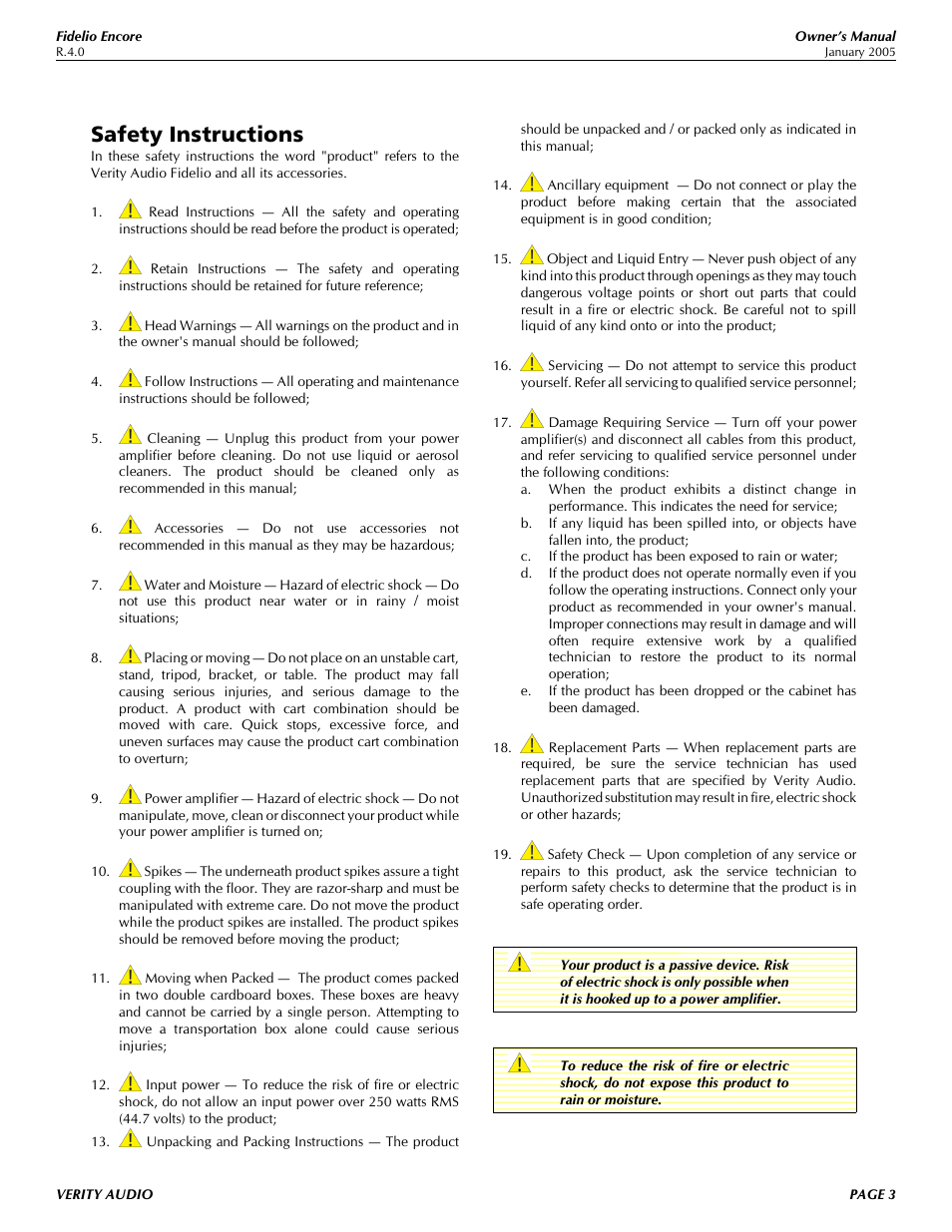 Safety instructions | Verity Audio Fidelio User Manual | Page 3 / 10