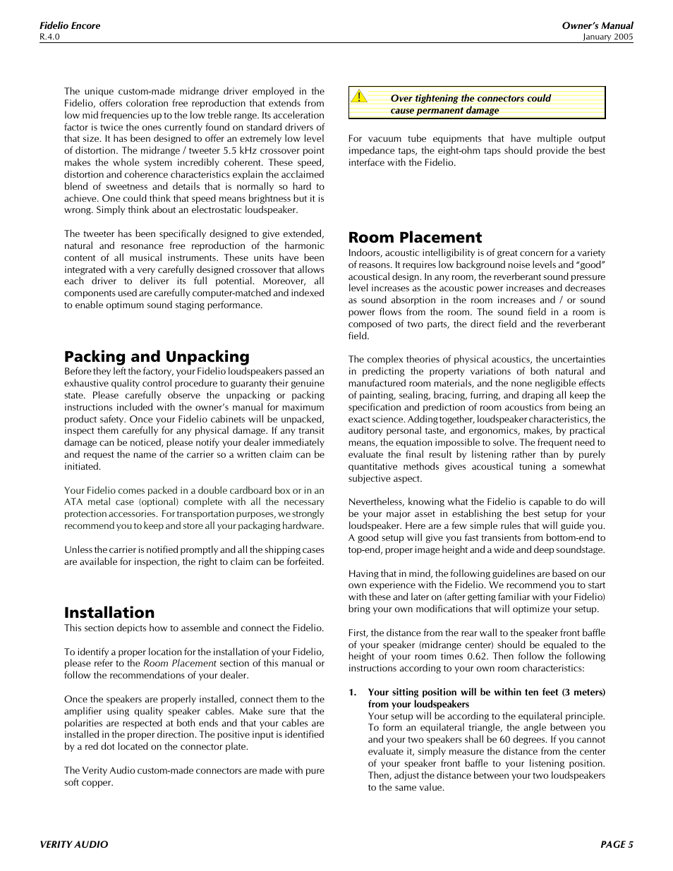 Packing and unpacking, Installation, Room placement | Verity Audio Fidelio User Manual | Page 5 / 10