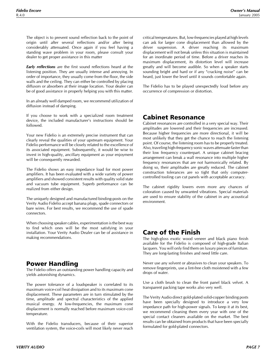 Power handling, Cabinet resonance, Care of the finish | Verity Audio Fidelio User Manual | Page 7 / 10