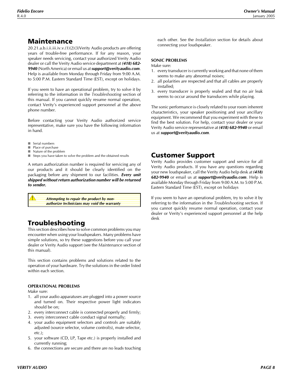 Maintenance, Troubleshooting, Customer support | Verity Audio Fidelio User Manual | Page 8 / 10