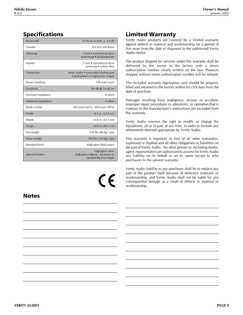 Specifications, Limited warranty | Verity Audio Fidelio User Manual | Page 9 / 10