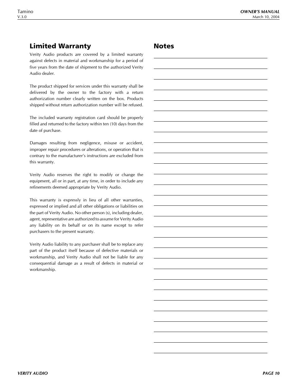 Limited warranty | Verity Audio Tamino User Manual | Page 10 / 11