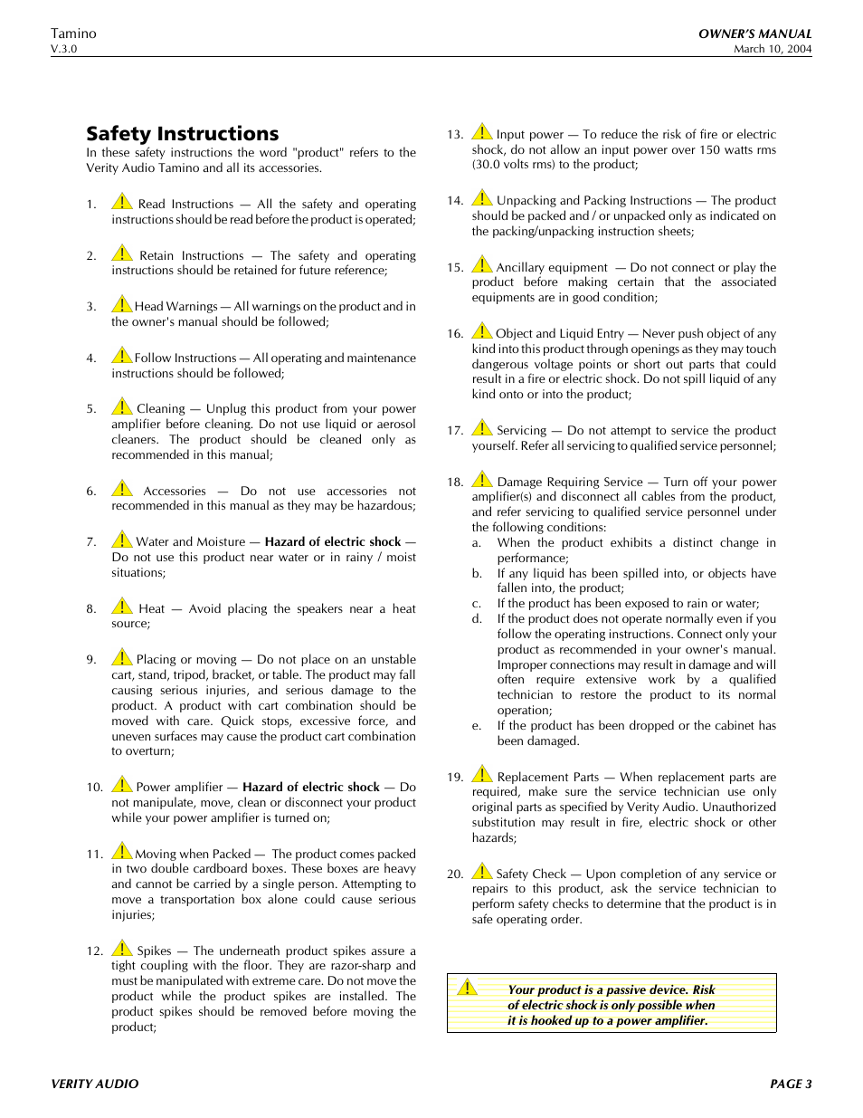 Safety instructions | Verity Audio Tamino User Manual | Page 3 / 11