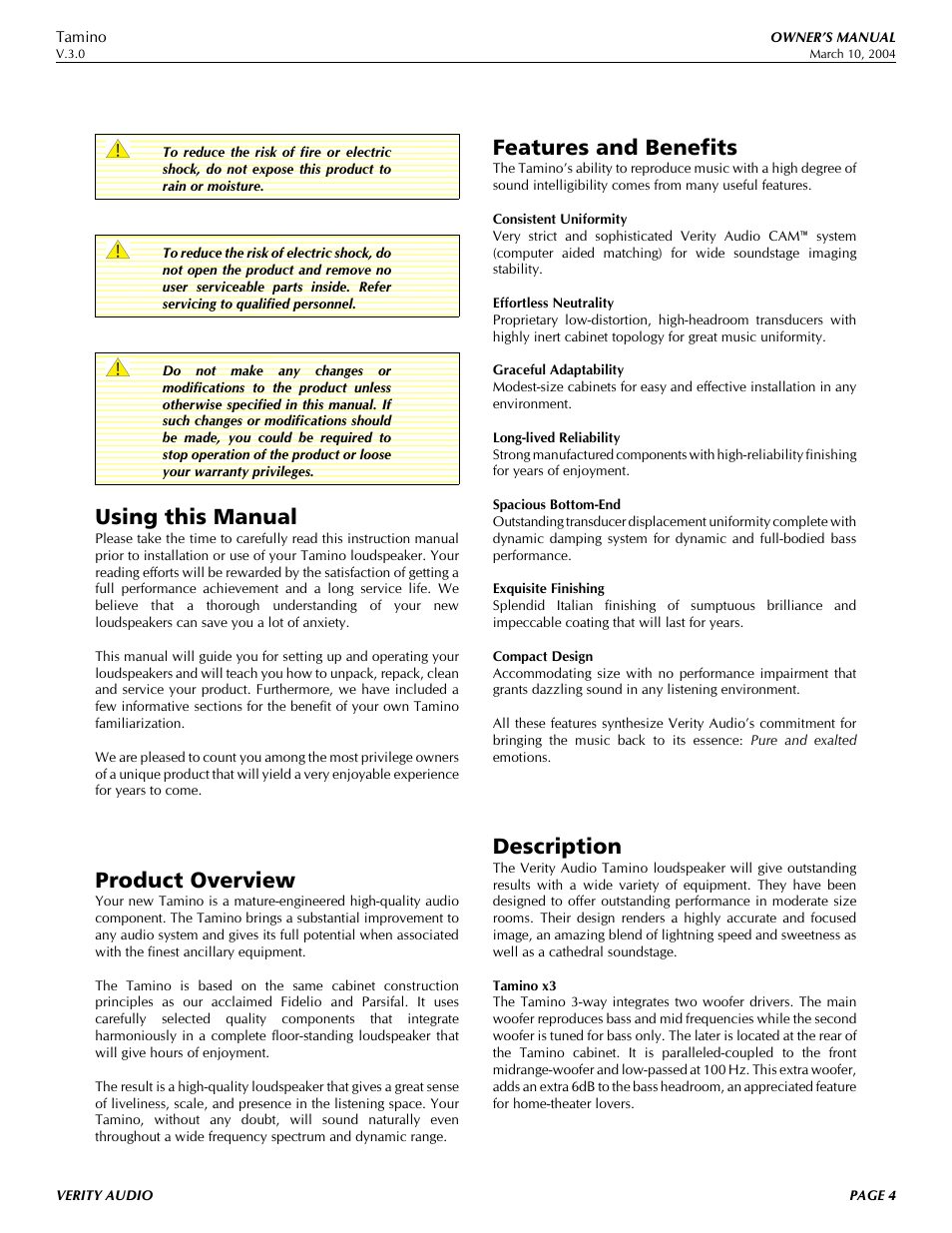 Using this manual, Product overview, Features and benefits | Description | Verity Audio Tamino User Manual | Page 4 / 11