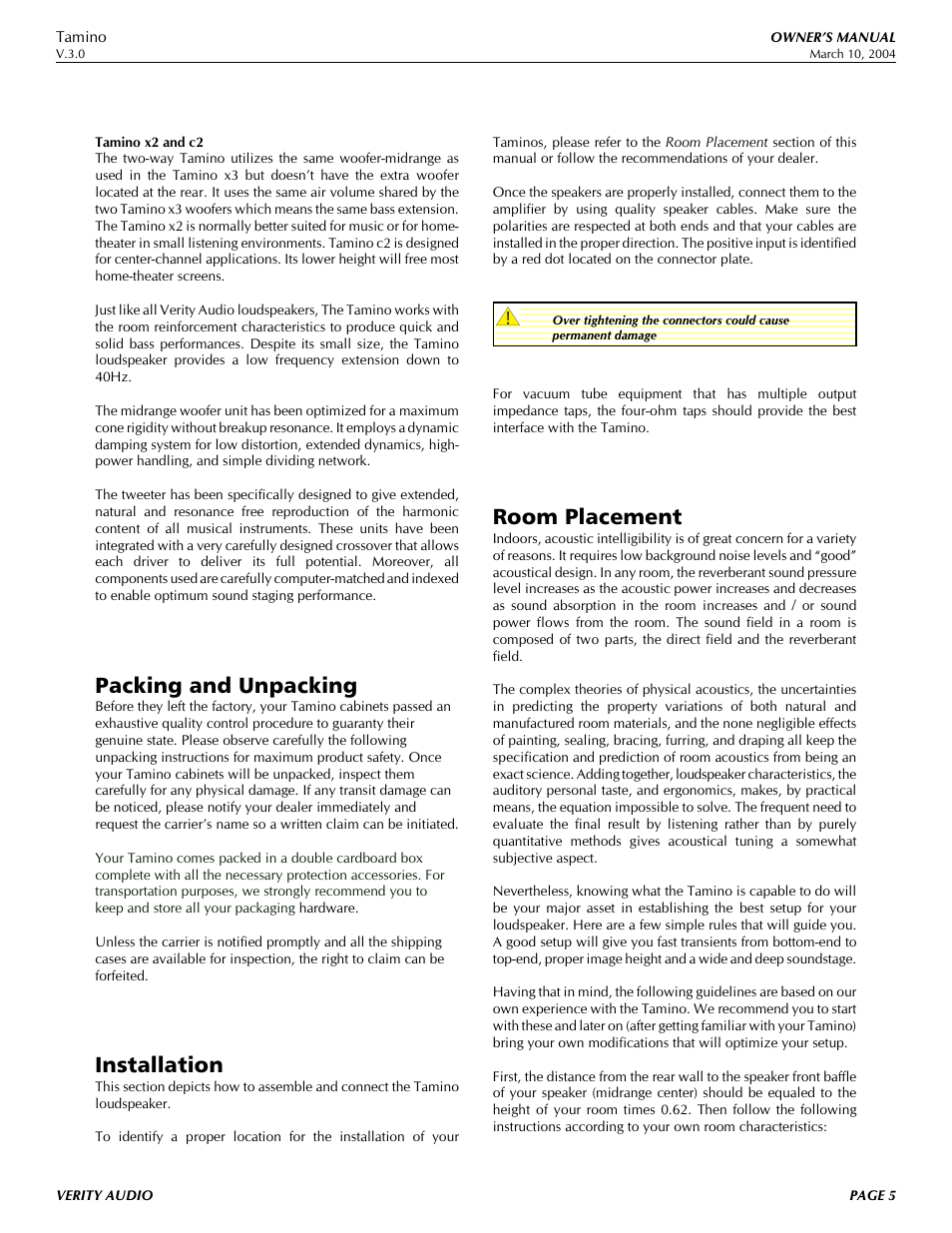 Packing and unpacking, Installation, Room placement | Verity Audio Tamino User Manual | Page 5 / 11