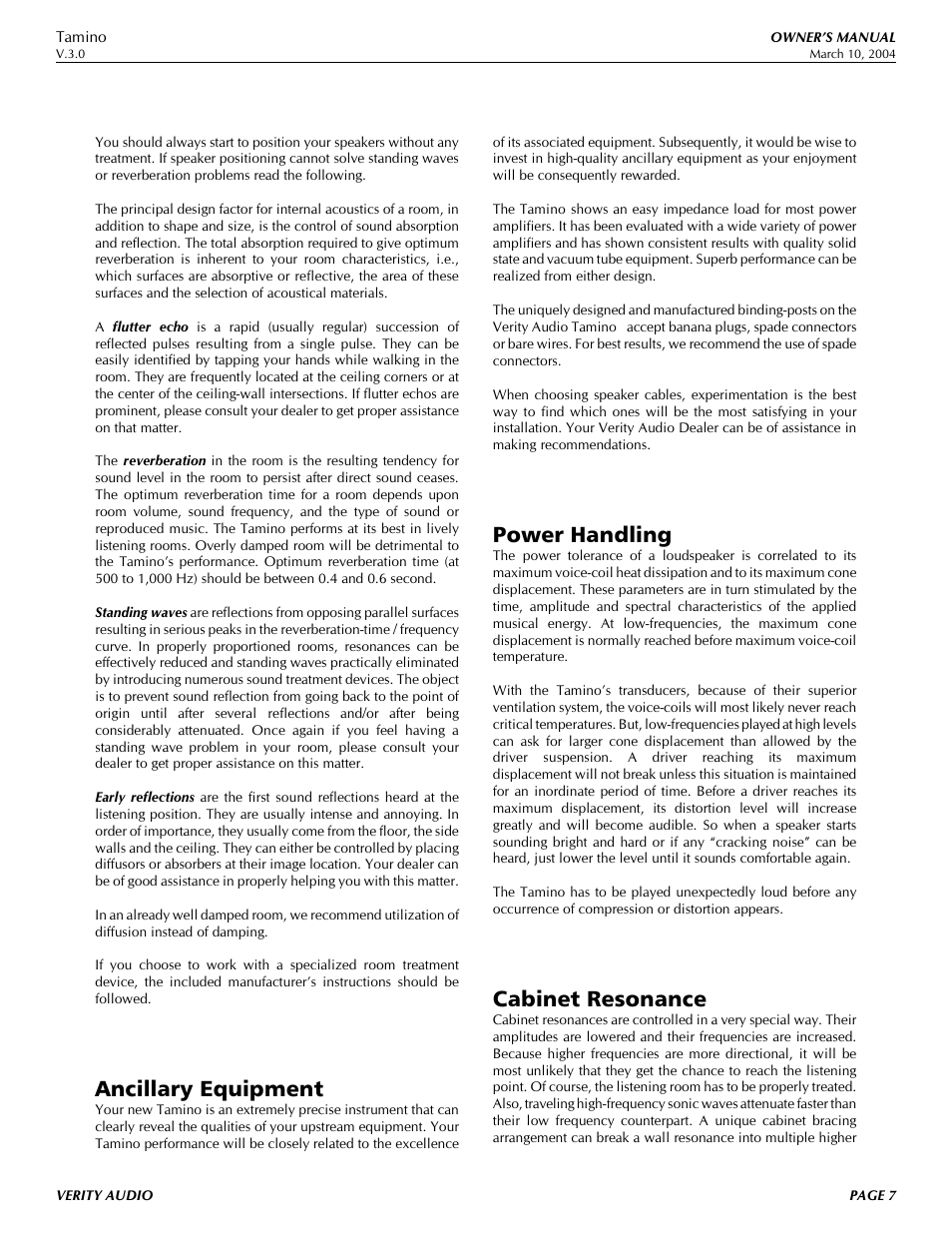 Ancillary equipment, Power handling, Cabinet resonance | Verity Audio Tamino User Manual | Page 7 / 11