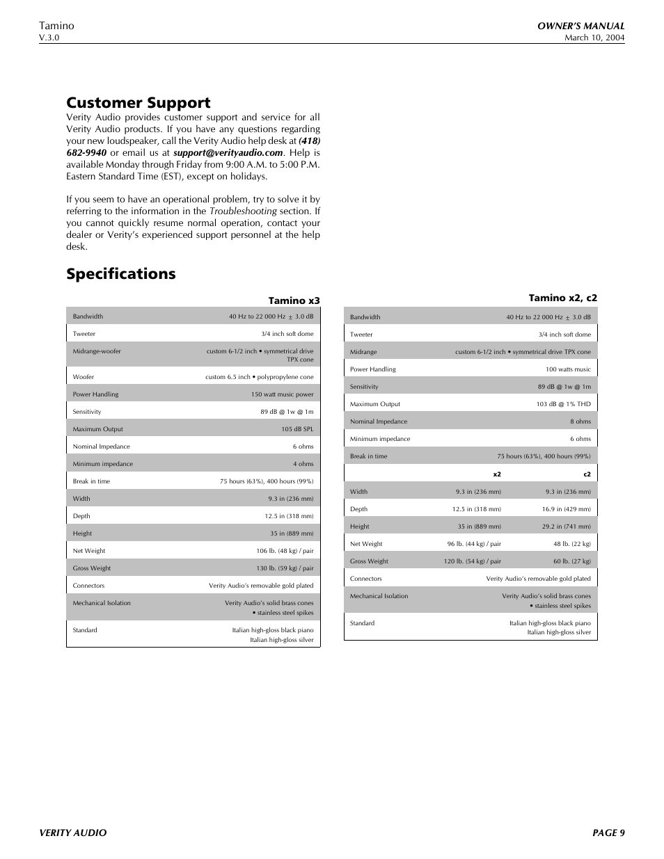 Customer support, Specifications, Tamino | Owner’s manual, Verity audio page 9, Tamino x3, Tamino x2, c2 | Verity Audio Tamino User Manual | Page 9 / 11