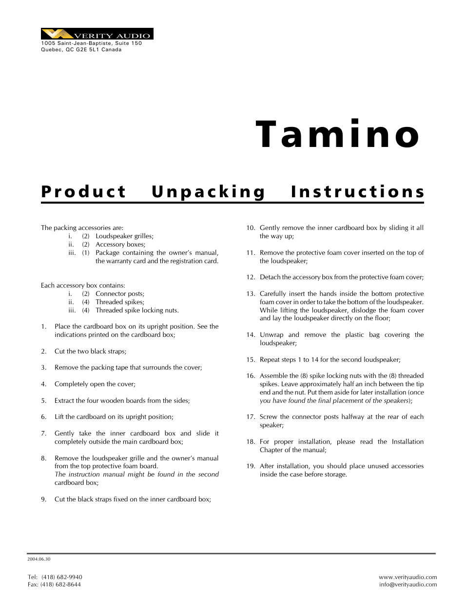 Verity Audio Tamino - Packing / Unpacking Instructions User Manual | 2 pages