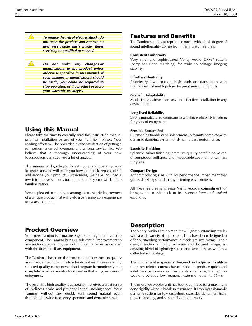 Using this manual, Product overview, Features and benefits | Description | Verity Audio Tamino Monitor User Manual | Page 4 / 10