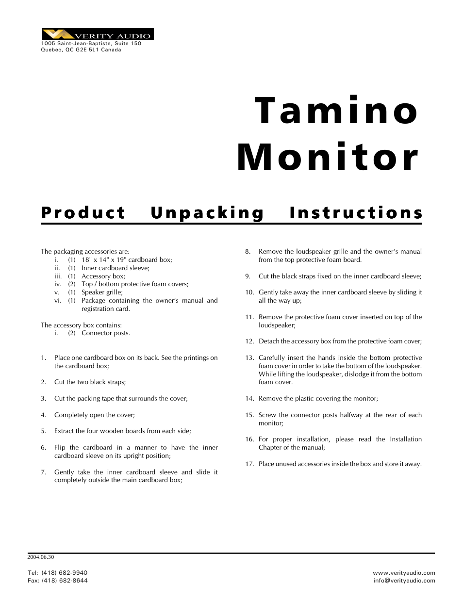 Verity Audio Tamino Monitor - Packing / Unpacking Instructions User Manual | 2 pages