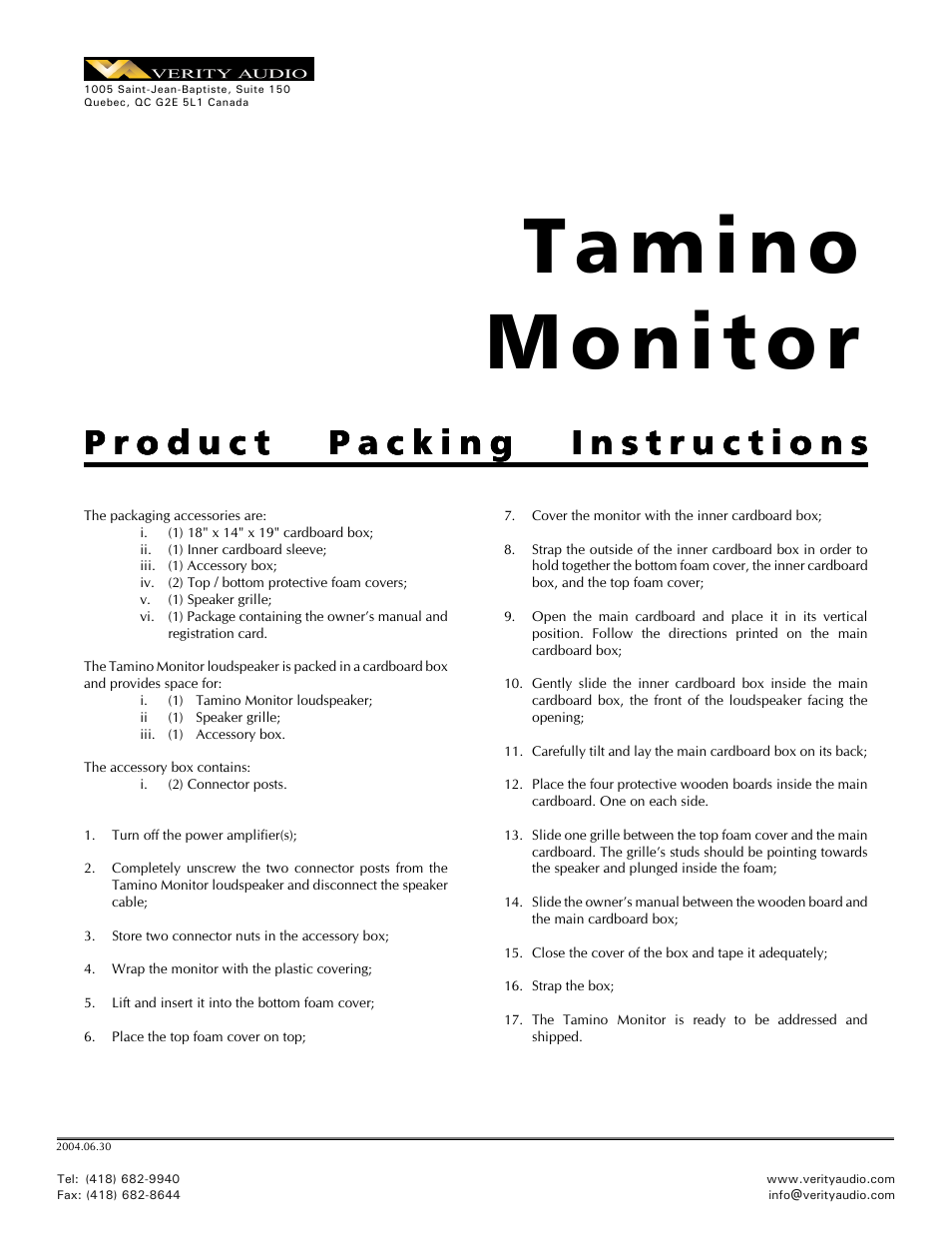 Tamino monitor | Verity Audio Tamino Monitor - Packing / Unpacking Instructions User Manual | Page 2 / 2