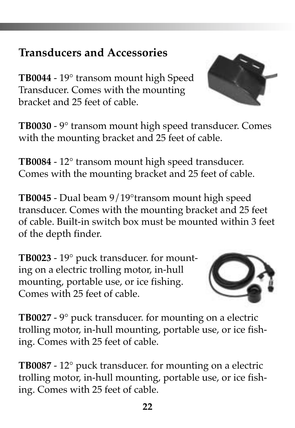 Transducers and accessories | Vexilar FL-10 User Manual | Page 22 / 24