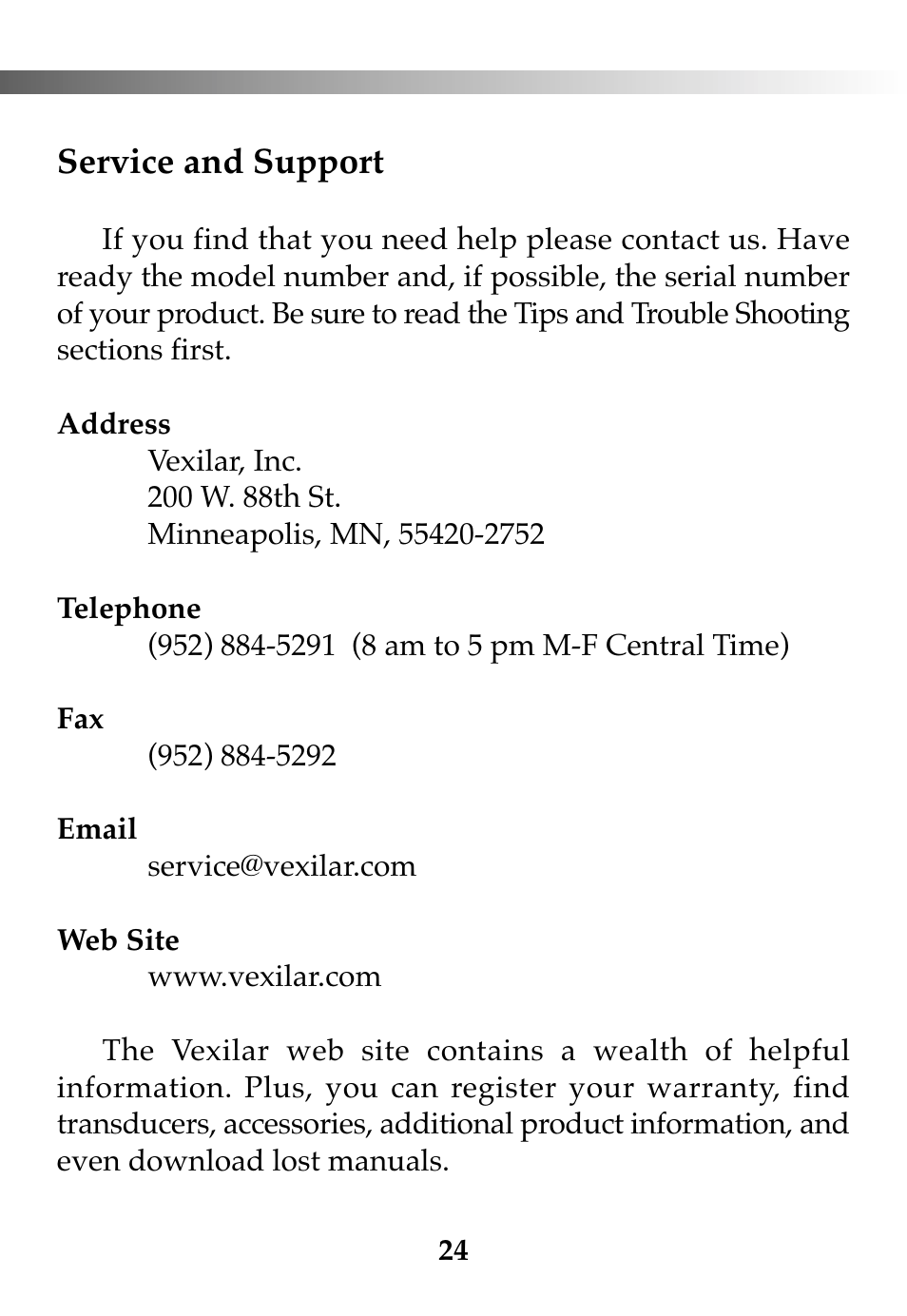 Service and support | Vexilar FL-10 User Manual | Page 24 / 24