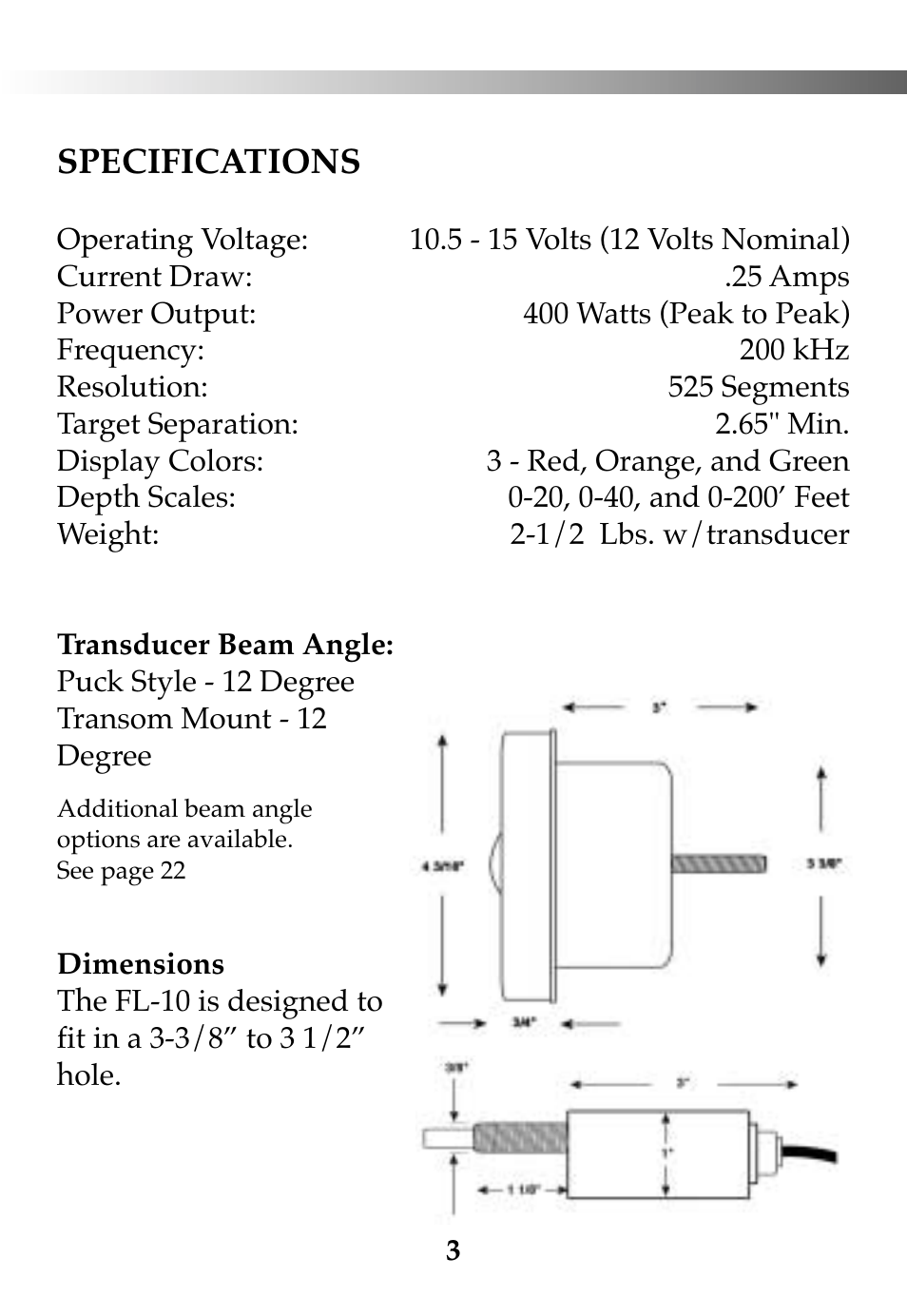 Specifications | Vexilar FL-10 User Manual | Page 3 / 24