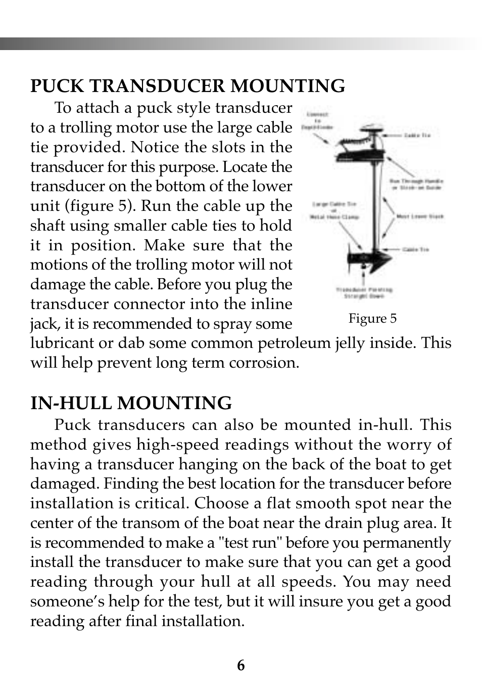 Puck transducer mounting, In-hull mounting | Vexilar FL-10 User Manual | Page 6 / 24