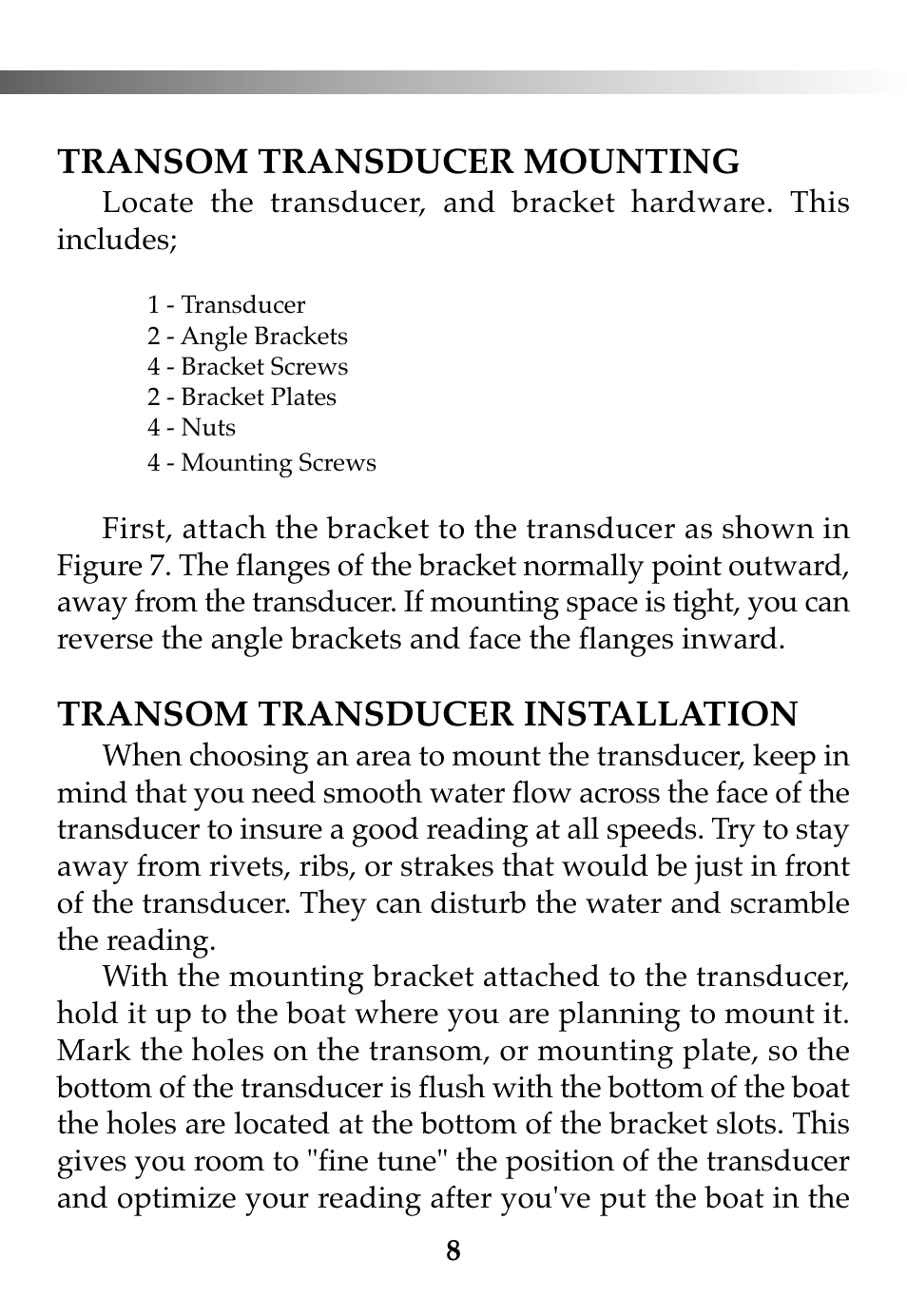 Transom transducer mounting, Transom transducer installation | Vexilar FL-10 User Manual | Page 8 / 24