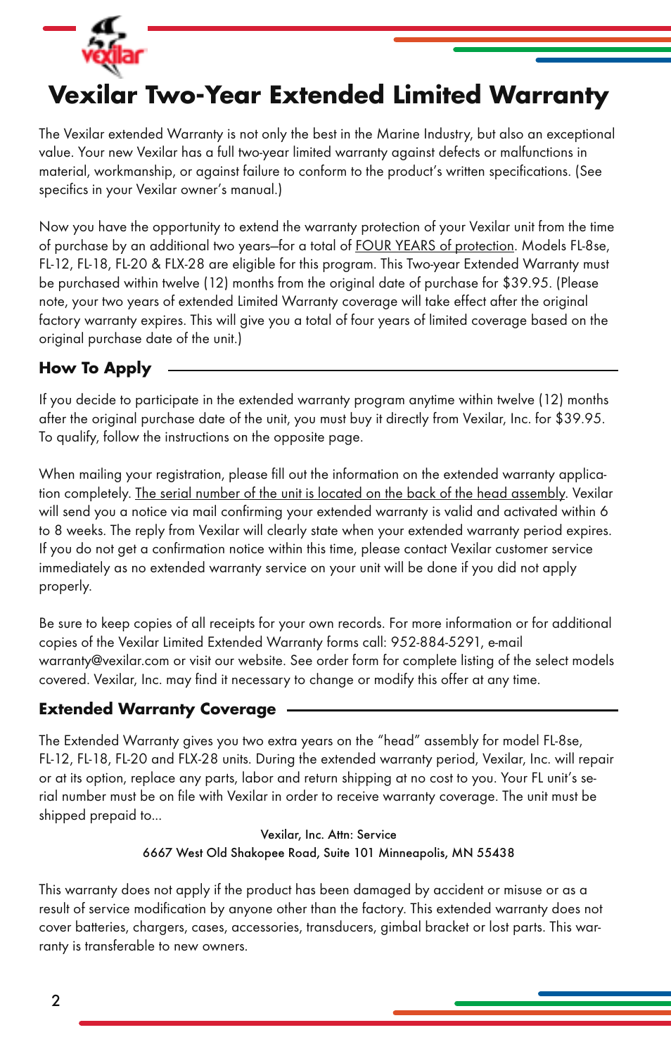 Vexilar two-year extended limited warranty | Vexilar Flasher Family 2013 User Manual | Page 2 / 64