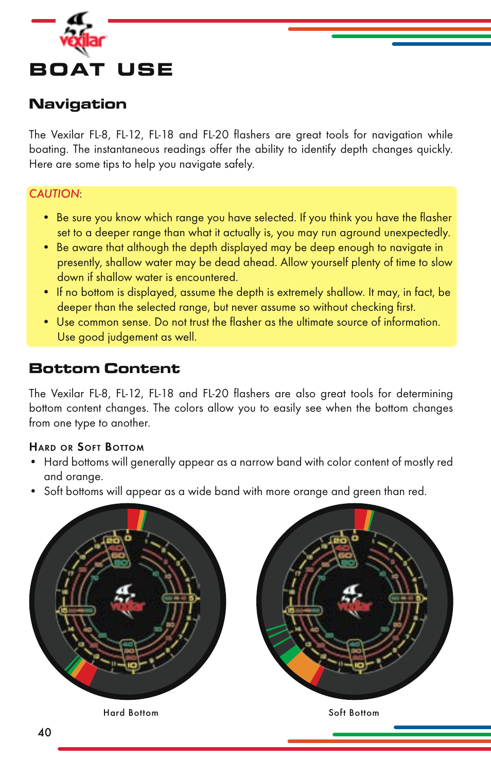 Boat use, Navigation, Bottom content | Vexilar Flasher Family 2013 User Manual | Page 40 / 64