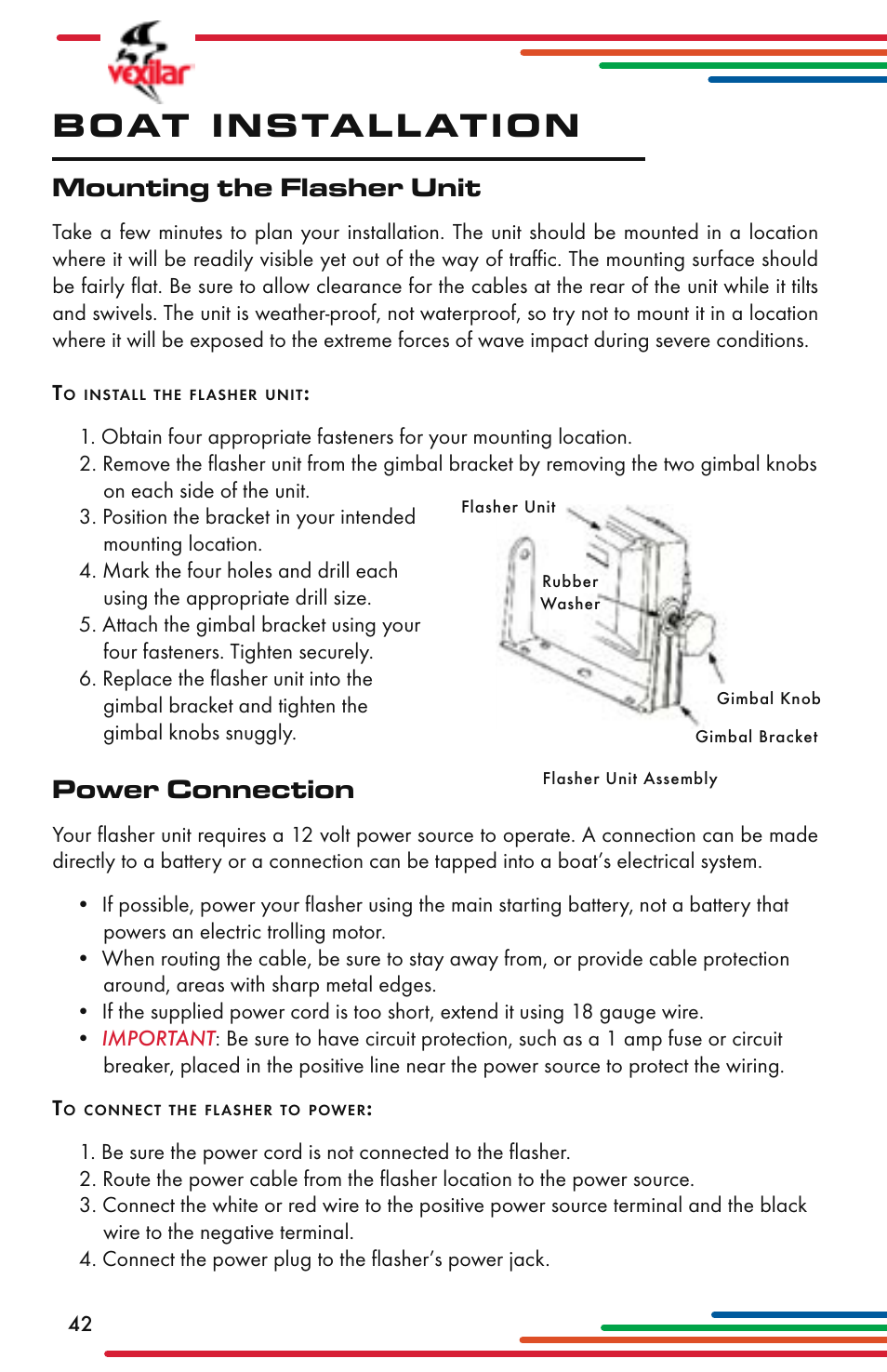 Boat installation, Mounting the flasher unit, Power connection | Vexilar Flasher Family 2013 User Manual | Page 42 / 64