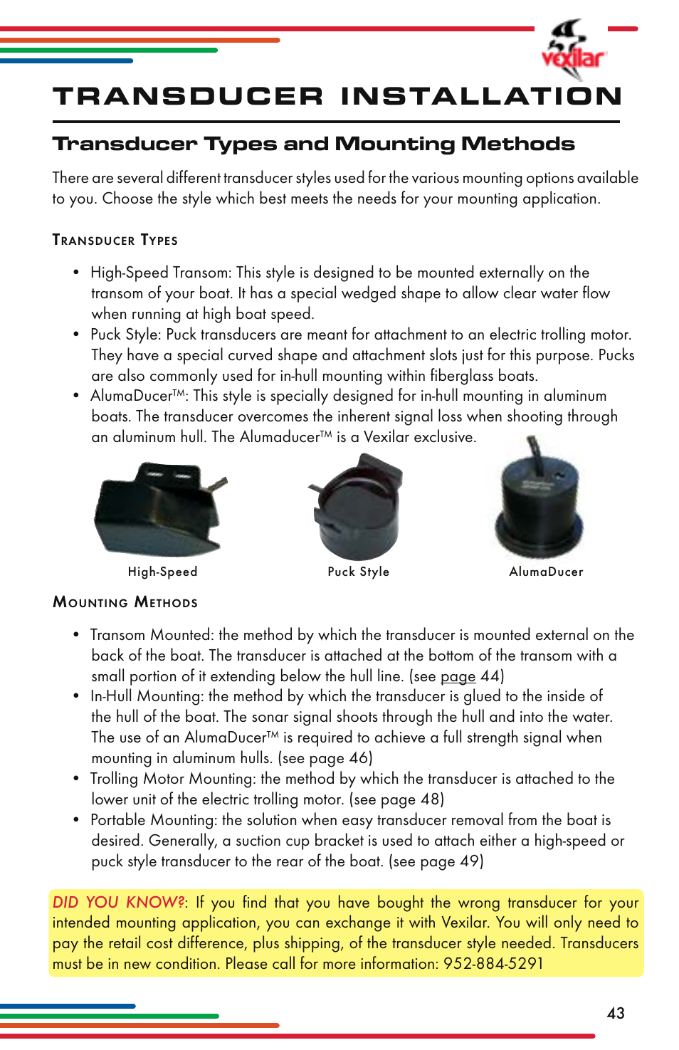 Transducer installation, Transducer types and mounting methods | Vexilar Flasher Family 2013 User Manual | Page 43 / 64