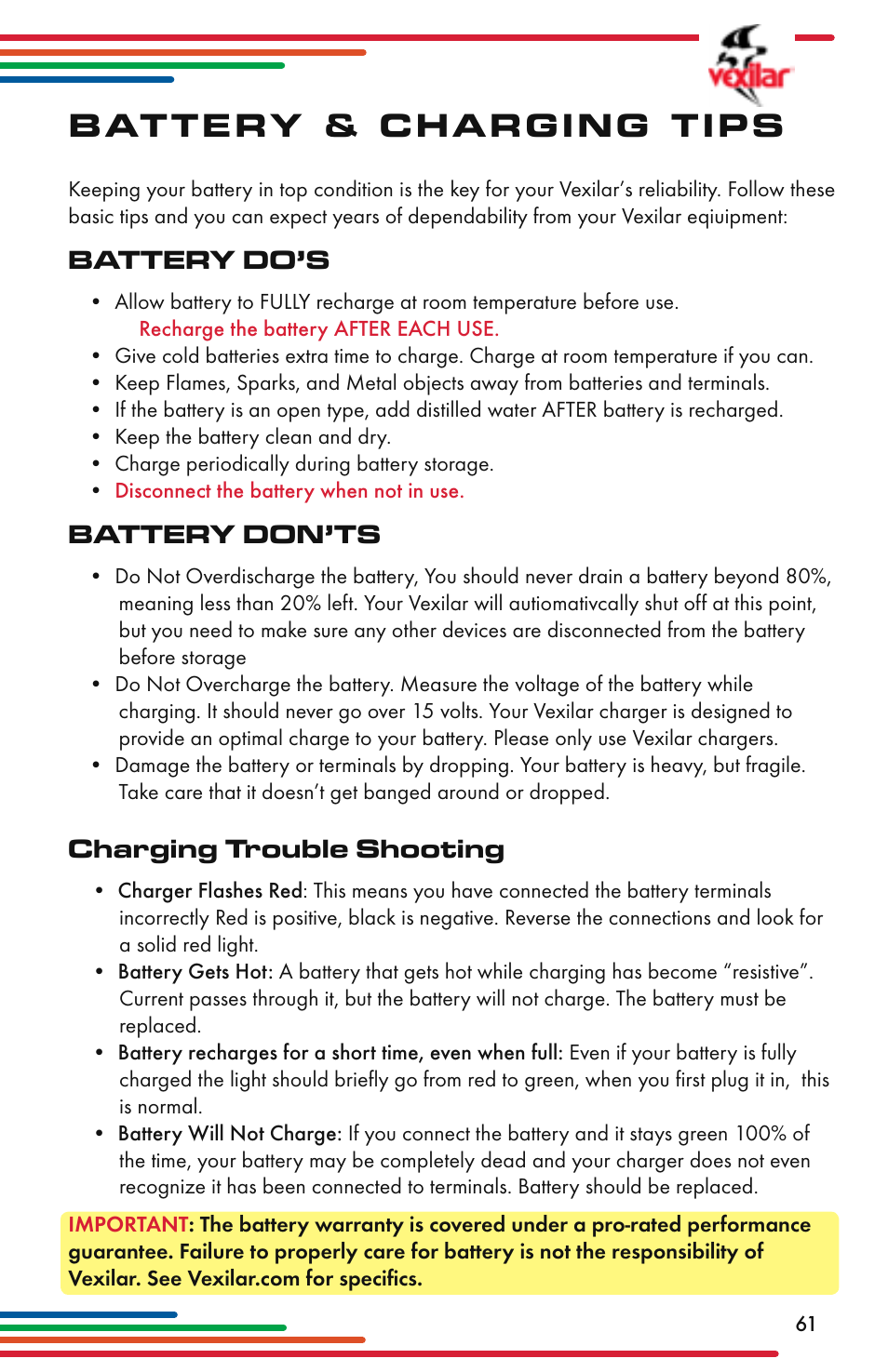 Battery & charging tips | Vexilar Flasher Family 2013 User Manual | Page 61 / 64