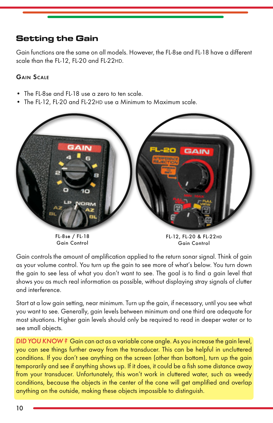 Setting the gain | Vexilar FL-22 User Manual | Page 10 / 52