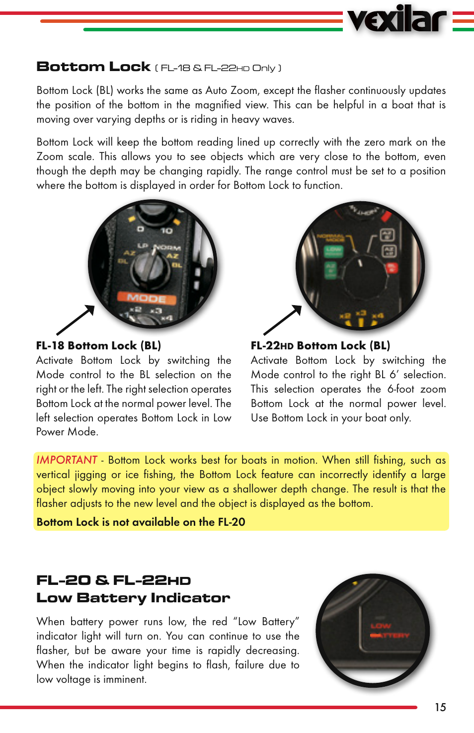 Bottom lock, Fl-20 & fl-22, Low battery indicator | Vexilar FL-22 User Manual | Page 15 / 52