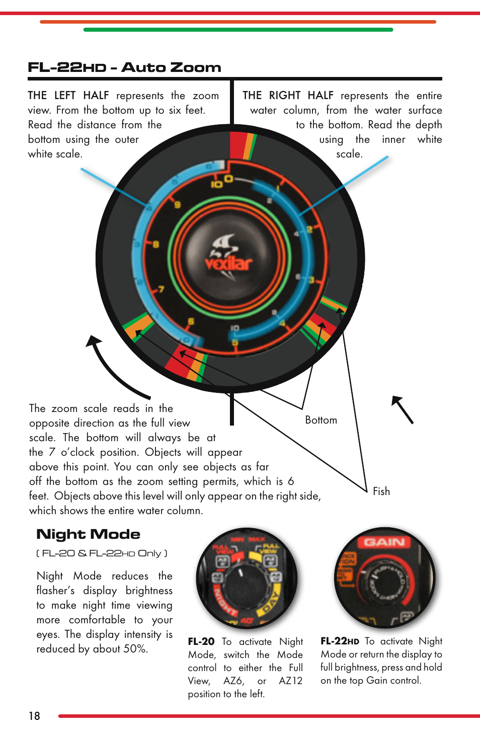 Night mode, Fl-22, Auto zoom | Vexilar FL-22 User Manual | Page 18 / 52