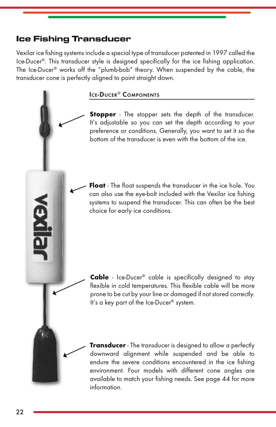 Ice fishing transducer | Vexilar FL-22 User Manual | Page 22 / 52