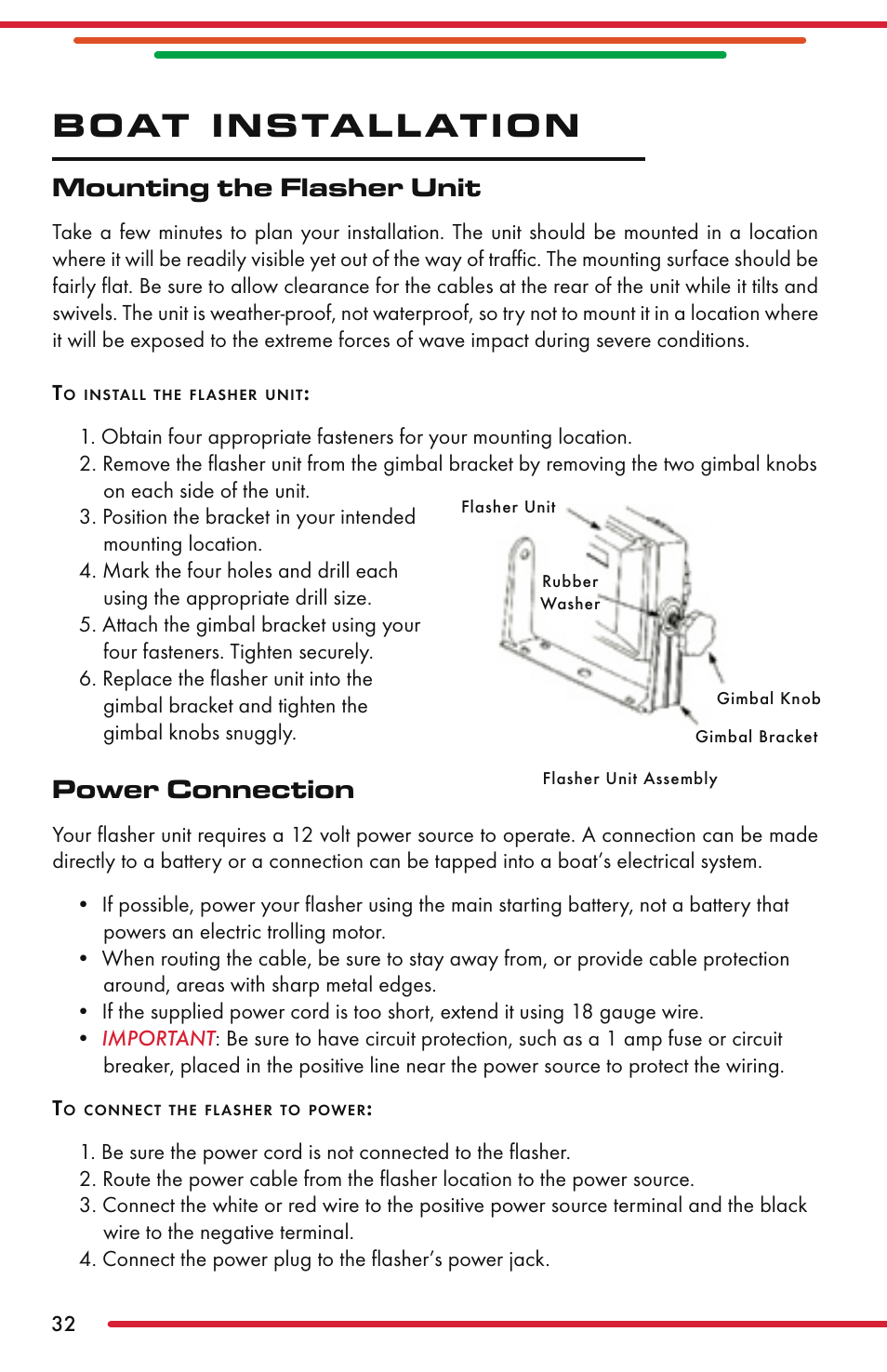 Boat installation, Mounting the flasher unit, Power connection | Vexilar FL-22 User Manual | Page 32 / 52