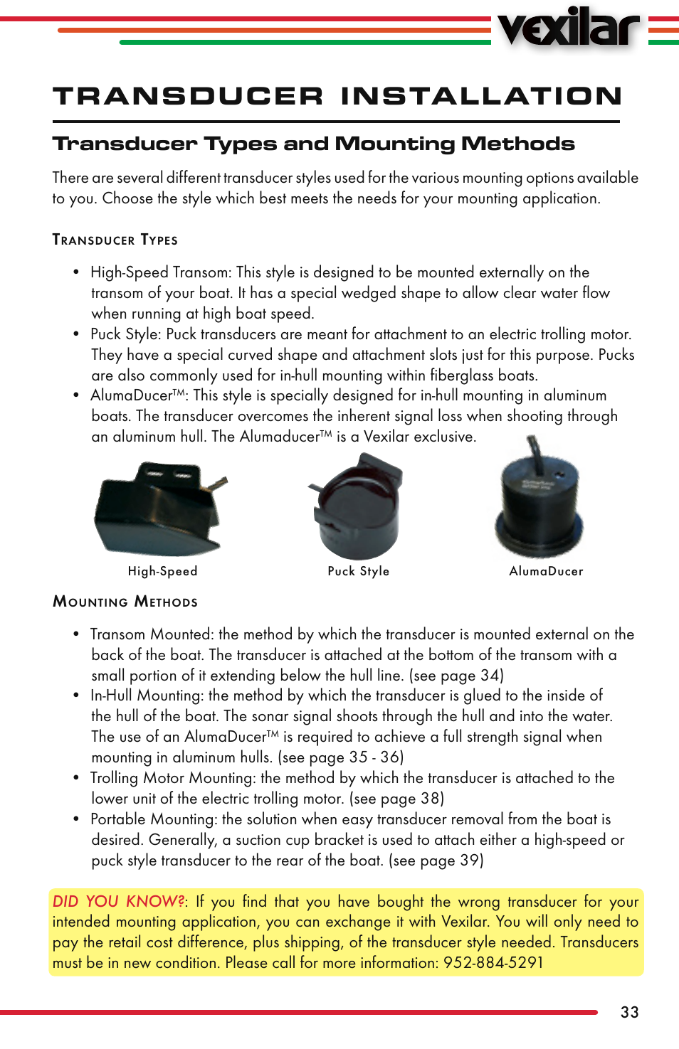 Transducer installation, Transducer types and mounting methods | Vexilar FL-22 User Manual | Page 33 / 52