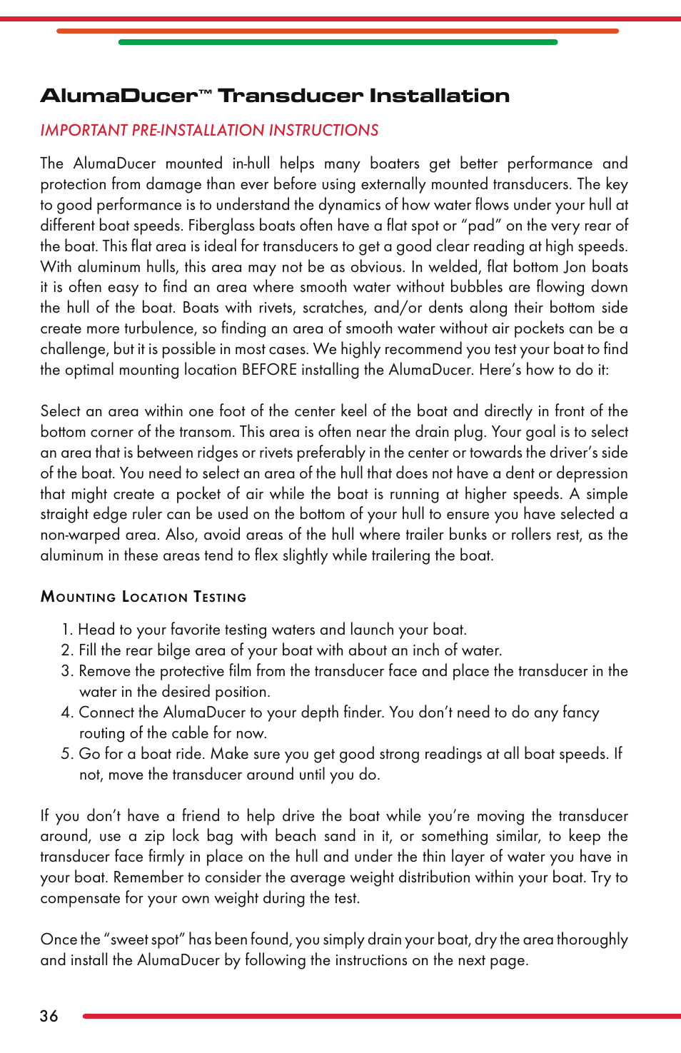 Alumaducer, Transducer installation | Vexilar FL-22 User Manual | Page 36 / 52