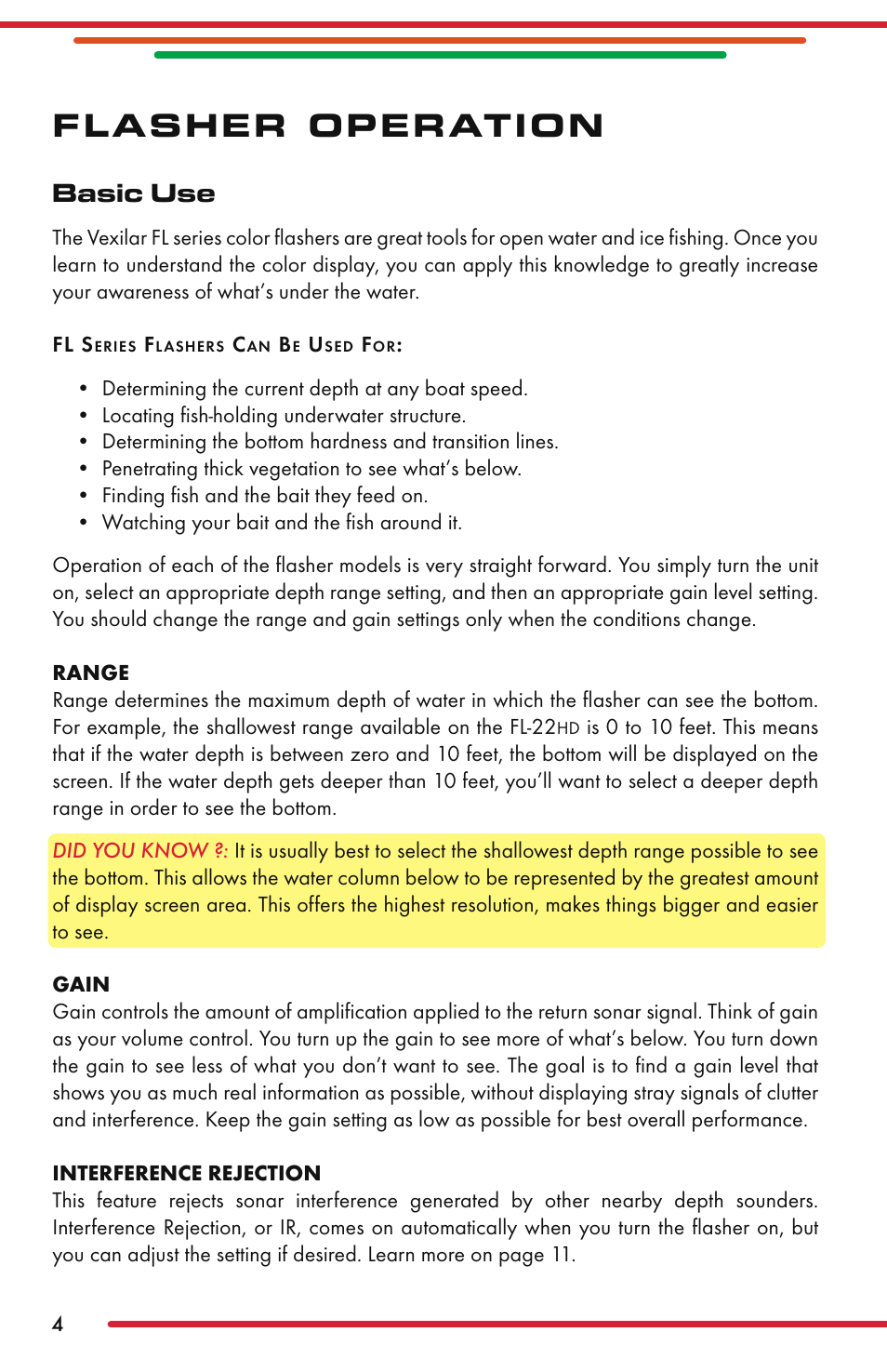 Flasher operation, Basic use | Vexilar FL-22 User Manual | Page 4 / 52